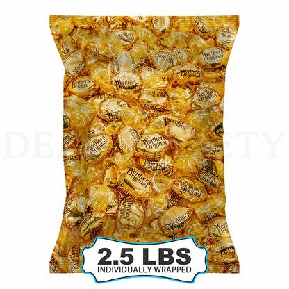 Werthers Original Hard Caramel Candy, 2.5 lb bulk bag, features individually wrapped pieces in classic gold packaging—perfect for sharing or snacking.