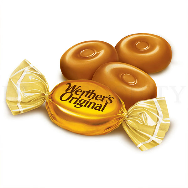 A Werther’s Original Hard Caramel Candy from the 2.5 lb bulk bag pack sits in its yellow wrapper next to three more golden, individually wrapped caramels from the Werthers brand.