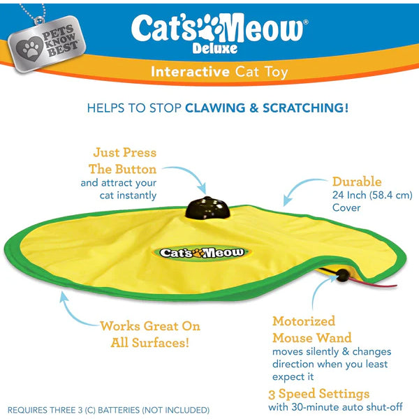 Pets Know Best Cats Meow Interactive Cat Toy features a yellow cover and hidden motorized wand. With 3 speed settings and motion activation, this toy from Pets Know Best helps prevent scratching while keeping cats entertained for hours.