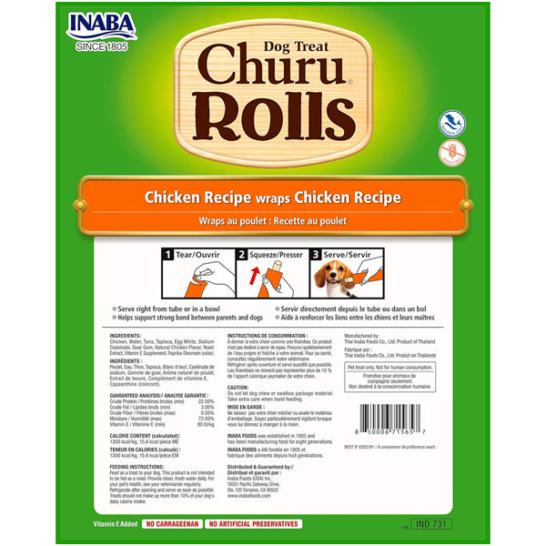8 Pack - INABA Churu Rolls for Dogs, Chicken Wrapped Churu Filled Dog Treats