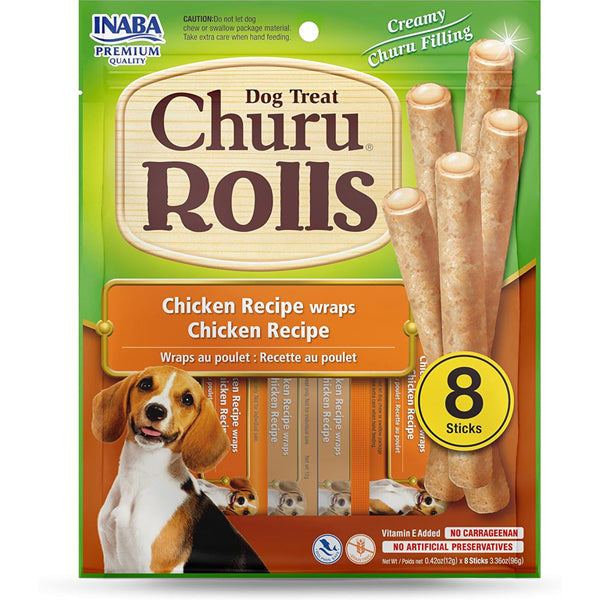 8 Pack - INABA Churu Rolls for Dogs, Chicken Wrapped Churu Filled Dog Treats