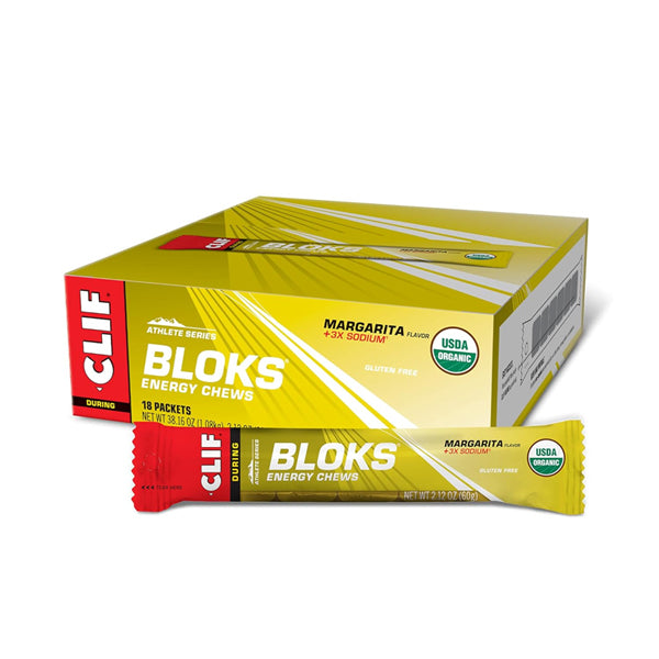 A box and packet of Clif CLIF BLOKS Energy Chews Margarita Flavor with 3X Sodium (2.12oz, 18 count), featuring product labeling and USDA Organic seal—ideal for quick energy on the go.