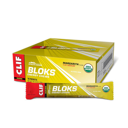 A box and packet of Clif CLIF BLOKS Energy Chews Margarita Flavor with 3X Sodium (2.12oz, 18 count), featuring product labeling and USDA Organic seal—ideal for quick energy on the go.