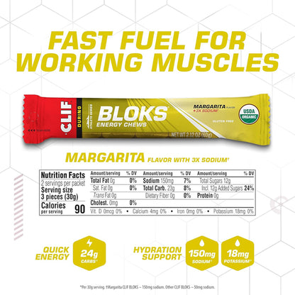 CLIF BLOKS Energy Chews Margarita Flavor with 3X Sodium, 2.12oz, 18 Count by Clif provide quick energy; packaging displays nutrition facts and product benefits on a white and yellow background.