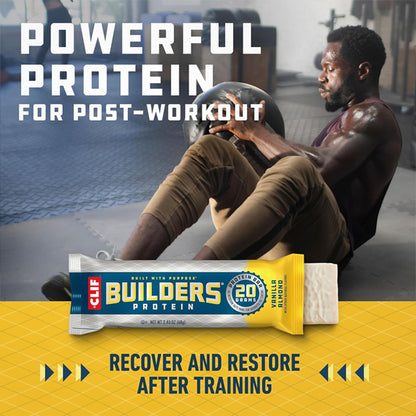 A man does sit-ups in a gym as a Clif BUILDERS Vanilla Almond Protein Bar (20g protein, 2.4oz) is shown in the foreground, highlighting post-workout recovery.