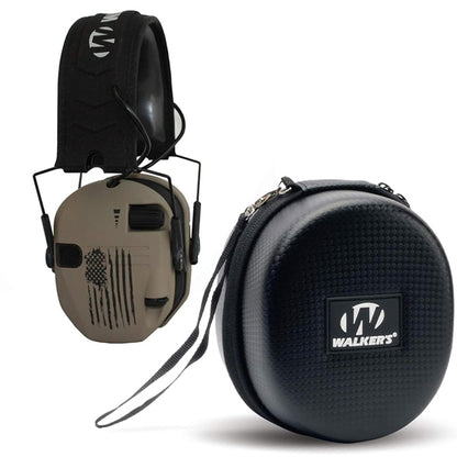 Walker's Razor Slim Electronic Shooting Muffs US Flag-FDE With Protect Case Bundle
