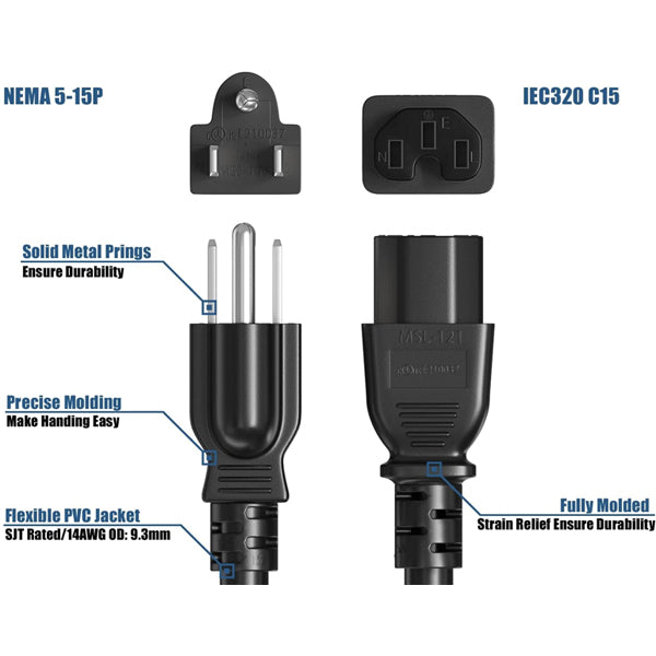 3 Pack - 6ft 14 AWG 15A 125V Power Cord Cable NEMA 5-15P to IEC320 C15 Unbranded