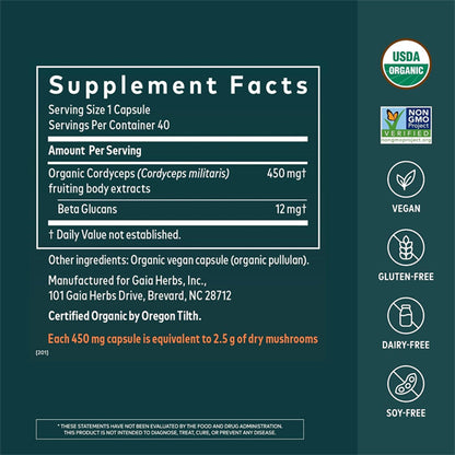 Gaia Herbs Cordyceps Mushroom Energy Support 40 Vegan Capsules Gaia Herbs
