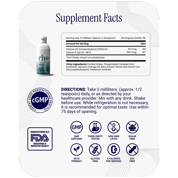 Rho Nutrition Liposomal D3K2 High Absorption Liquid Vitamins D3 & K2 4oz