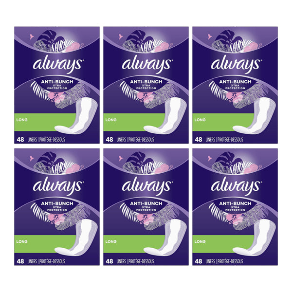 6 Pack - Always Anti-Bunch Xtra Protection Daily Long Liners Unscented, 48 ct