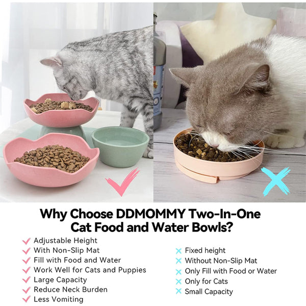 2 Pack - 2 in 1 Raised Cat Food and Water Bowl Elevated Food Bowl for Pets, Dishwasher Safe