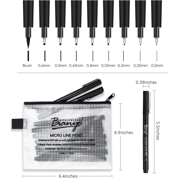 Black Pigment Water-Resistant Archival Ink Micro Liners 9 Sizes with Zipper Case