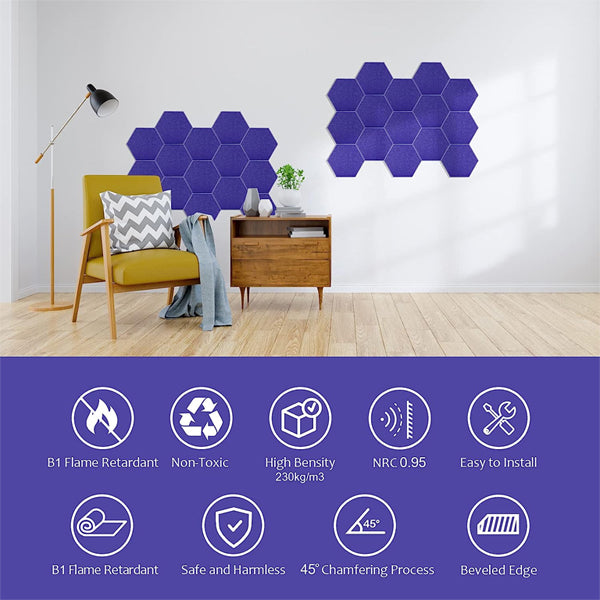 18 Pack Dark Blue Hexagon Acoustic Panels 12"X10"X 0.4" Self-Adhesive Soundproof Wall Panels