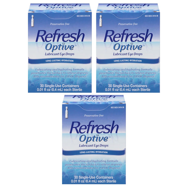 3 Pack - Refresh Optive Lubricant Eye Drops 30 Count Sterile Single Use Vials .01 oz Each