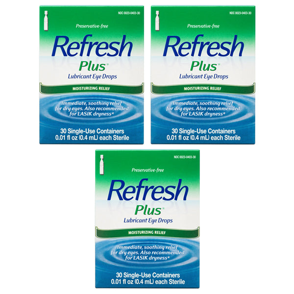 3 Pack - Refresh Plus Lubricant Eye Drops 30 Count Sterile Single Use Vials .01 oz Each