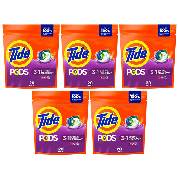 5 Pack - Tide PODS Liquid Laundry Detergent Pacs, Spring Meadow, 20 Count