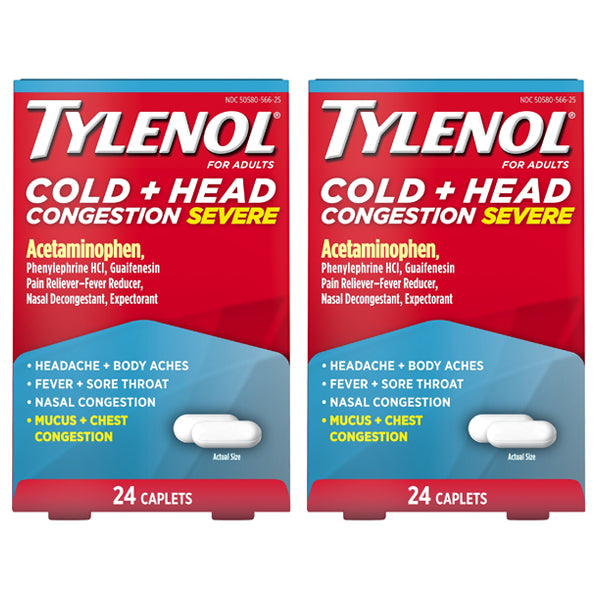 2 Pack - Tylenol Cold + Head Congestion Severe Medicine Caplets 24 Count