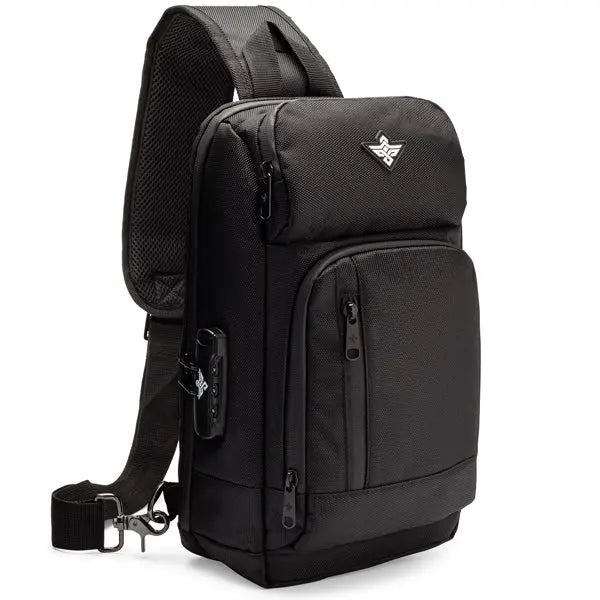 The Erozul Equinox Smell Proof Sling Bag With Combination Lock by Erozul features carbon lining, multiple zippered compartments, an adjustable strap, and a discreet front logo.