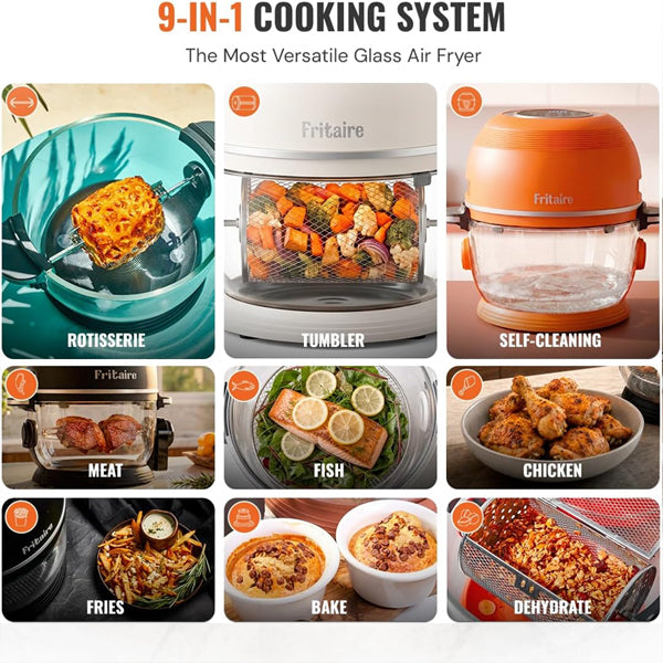 Fritaire Glass Air Fryer Non Toxic, 9-in-1 Pro, Rotisserie, Self Cleaning Fritaire