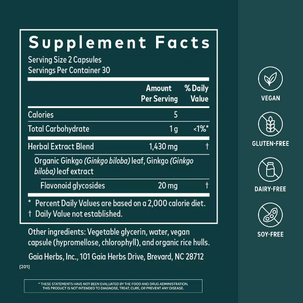 Gaia Herbs Ginkgo Leaf Brain Function Supplement 60 Vegan Capsules Gaia Herbs