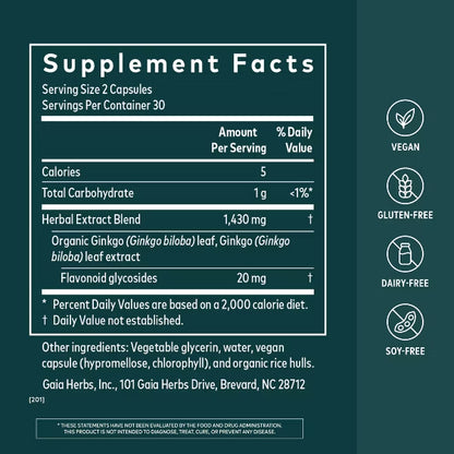 Gaia Herbs Ginkgo Leaf Brain Function Supplement 60 Vegan Capsules Gaia Herbs
