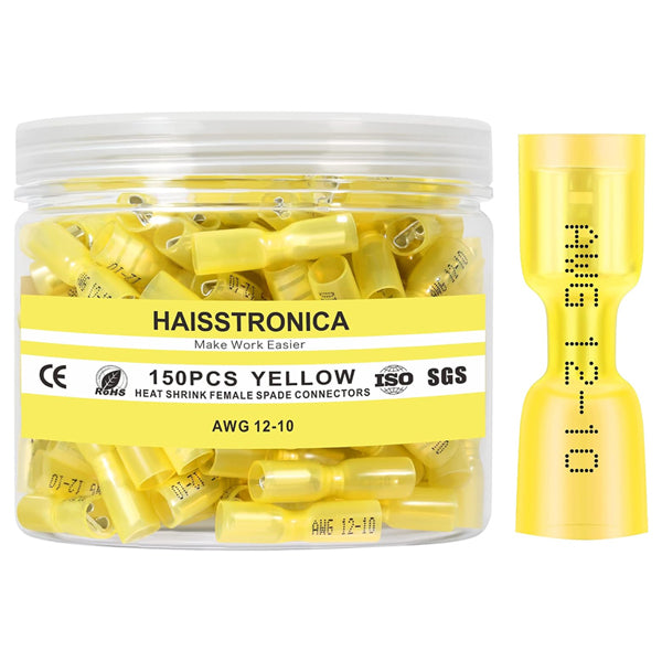 150 Count - haisstronica Yellow Heat Shrink Female Spade Connectors AWG 12-10 Wire Connectors haisstronica