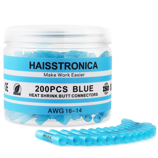 200 Count - Haisstronica 16-14 Awg Blue Heat Shrink Butt Wire Connectors haisstronica