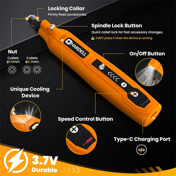 HARDELL Mini Cordless Rotary Tool 18000RPM, 2000mAh, USB-C 5-Speed 69 Piece Kit Hardell
