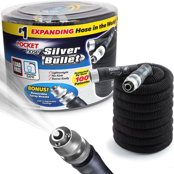 The Pocket Hose Silver Bullet 50 ft by Pocket Hose features a Turbo Shot adjustable nozzle, lightweight and expandable design, no-kink structure, lead-free connectors, and is built on over 100 patents.