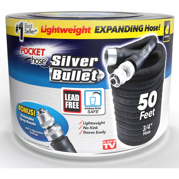 Packaging for the Pocket Hose Silver Bullet 50 ft Turbo Shot Nozzle Multiple Spray Garden Hose by Pocket Hose, a 3/4-inch expandable hose with lead-free connectors, safe for drinking water, and includes a removable turbo shot nozzle.