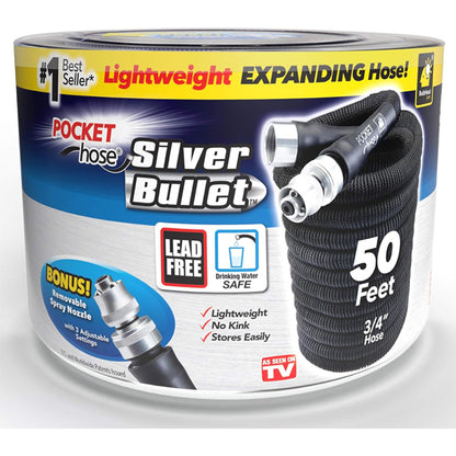 Packaging for the Pocket Hose Silver Bullet 50 ft Turbo Shot Nozzle Multiple Spray Garden Hose by Pocket Hose, a 3/4-inch expandable hose with lead-free connectors, safe for drinking water, and includes a removable turbo shot nozzle.