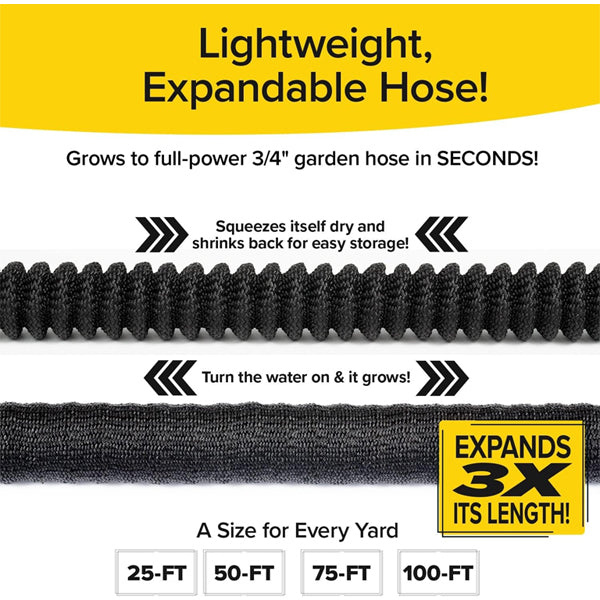 Pocket Hose Silver Bullet 50 ft Turbo Shot Nozzle Multiple Spray Garden Hose by Pocket Hose, shown coiled and expanded, features lightweight design, lead-free connectors, 3X expansion, and comes in 25, 50, 75 & 100 ft lengths.