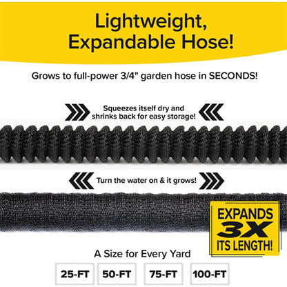 Pocket Hose Silver Bullet 50 ft Turbo Shot Nozzle Multiple Spray Garden Hose by Pocket Hose, shown coiled and expanded, features lightweight design, lead-free connectors, 3X expansion, and comes in 25, 50, 75 & 100 ft lengths.