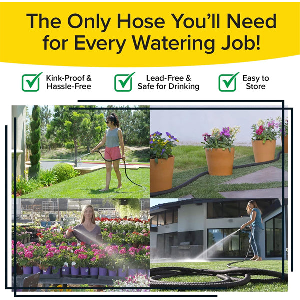 Collage shows people watering with the Pocket Hose Silver Bullet 50 ft Turbo Shot Nozzle by Pocket Hose, which features a kink-proof design, lead-free connectors, and an easy-to-store expandable hose.