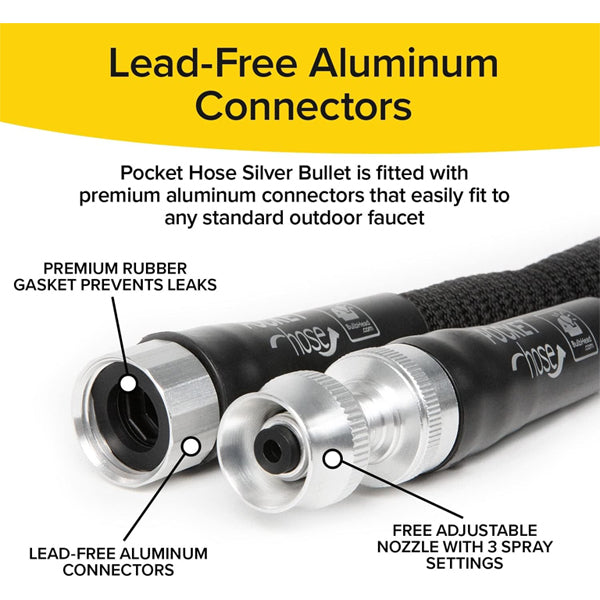 Close-up of two Pocket Hose Silver Bullet 50 ft hoses with lead-free connectors, aluminum ends, premium rubber gaskets, and Turbo Shot nozzles offering multiple spray settings.