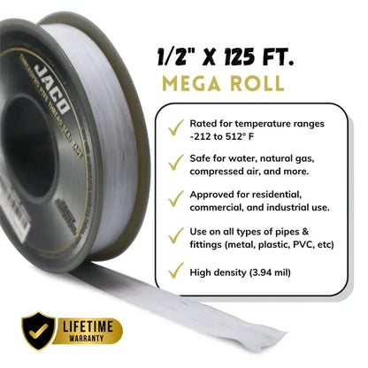 4 Pack - JACO Threadpro High-Density Thread Seal Tape 1/2" X 125 Ft (Mega Roll) Jaco
