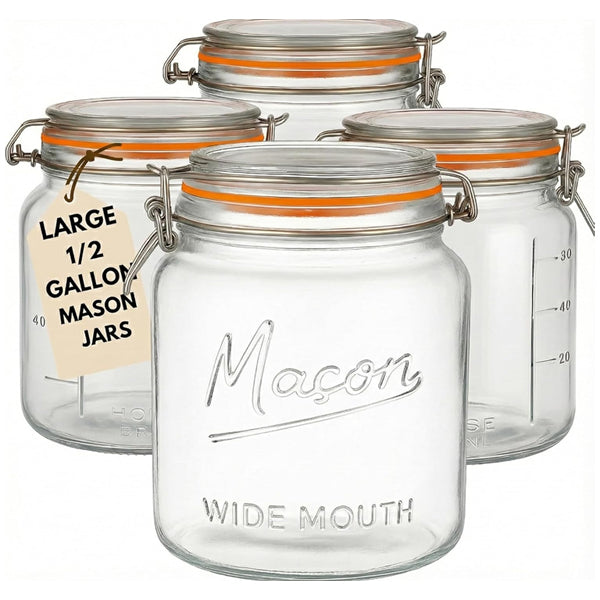 4 Pack - Large Wide Mouth Glass Mason Half Gallon Food Storage & Canning Jars