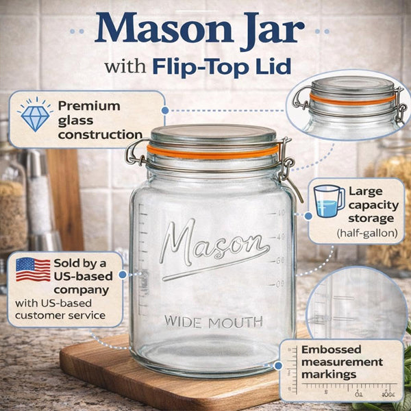 4 Pack - Large Wide Mouth Glass Mason Half Gallon Food Storage & Canning Jars