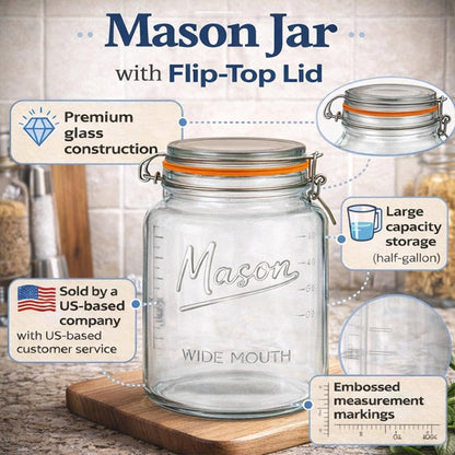4 Pack - Large Wide Mouth Glass Mason Half Gallon Food Storage & Canning Jars