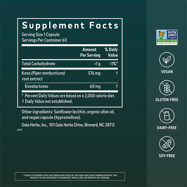 Gaia Herbs Kava Root Relaxation Support 60 Vegan Capsules Gaia Herbs
