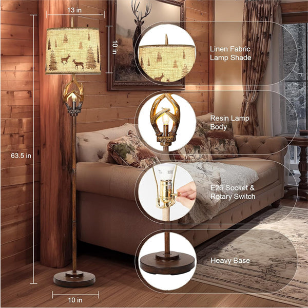 Scenekoy Rustic Farmhouse Antlers Floor Lamp Nightlight Brown Finish Round Shade