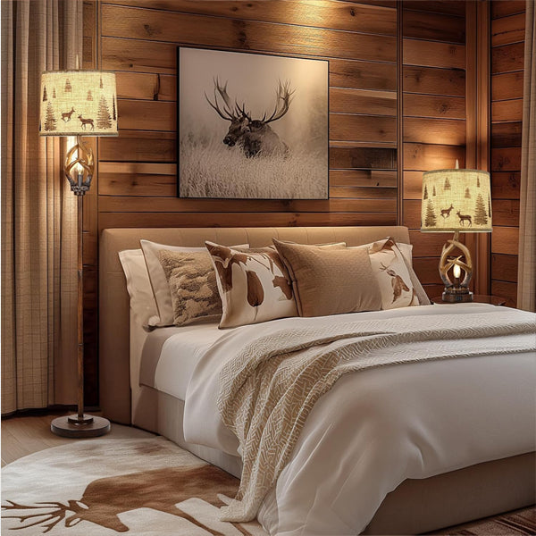 Scenekoy Rustic Farmhouse Antlers Floor Lamp Nightlight Brown Finish Round Shade