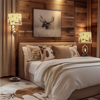 Scenekoy Rustic Farmhouse Antlers Floor Lamp Nightlight Brown Finish Round Shade