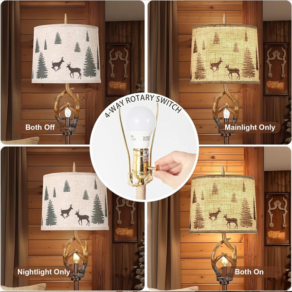 Scenekoy Rustic Farmhouse Antlers Floor Lamp Nightlight Brown Finish Round Shade