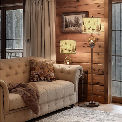 Scenekoy Rustic Farmhouse Antlers Floor Lamp Nightlight Brown Finish Round Shade