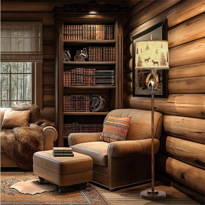 Scenekoy Rustic Farmhouse Antlers Floor Lamp Nightlight Brown Finish Round Shade