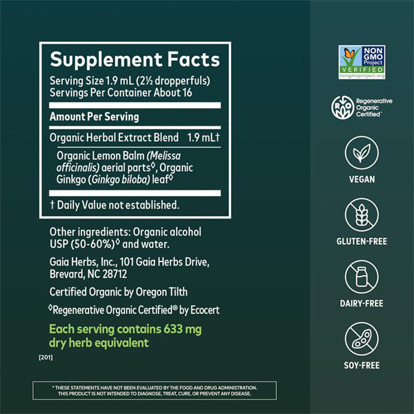 Gaia Herbs Lemon Balm & Ginkgo 1oz Regenerative Organic Certified Gaia Herbs