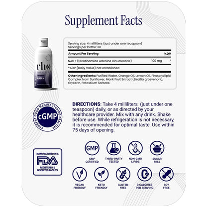 Rho Nutrition Liposomal NAD+ Supplement for Cellular Health 4oz