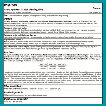 Drug facts label for Nicorette 4 mg Nicotine Gum (170 ct, Original Flavor) smoking cessation aid includes active ingredient, warnings, directions, usage, storage info, and contact details for questions or comments.