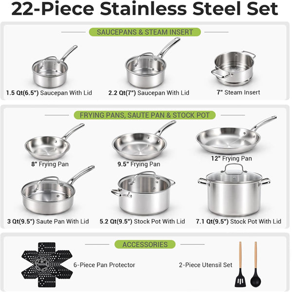 Ammeloo 22-Pieces Stainless Steel Cookware Set with Lids, Pots and Pans Set Ammeloo